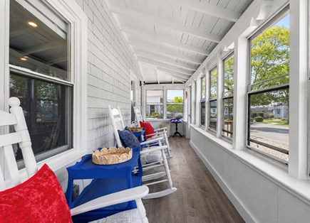 Onset MA vacation rental - Front Door / Enclosed Porch with rocking chairs, end tables