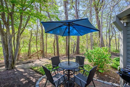 New Seabury, Mashpee Cape Cod vacation rental - Back patio with an outdoor dining table, offering a comfortable space for al fresco meals surrounded by nature and a peaceful outdoor setting.