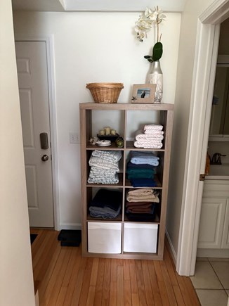 Brewster Cape Cod vacation rental - Linen shelf outside Bathroom