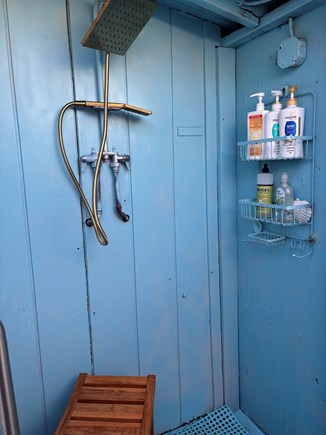 Dennisport, Chase Ocean Grove Cape Cod vacation rental - Outdoor shower with teak bench