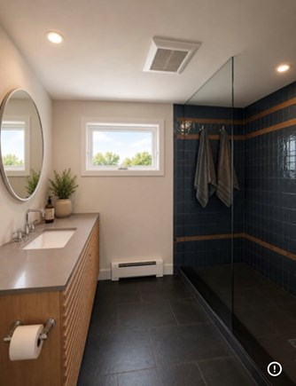 Truro - 9 min to Ptown Cape Cod vacation rental - Large primary private bath with Zellige tiles.