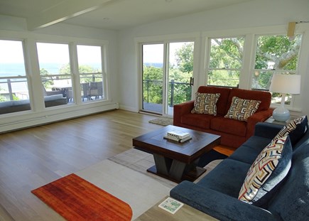 Plymouth MA vacation rental - Upstairs living room with water views, slider to upper deck