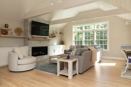 Falmouth Cape Cod vacation rental - Living room overlooking backyard & patio