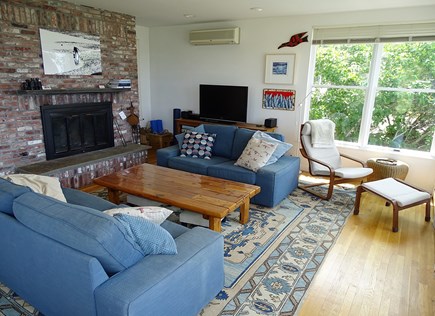 Wellfleet Harbor, on the Bluff Cape Cod vacation rental - The living room - TV and Fireplace for cooler seasons