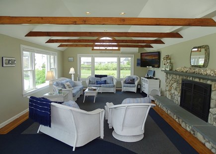 West Dennis Cape Cod vacation rental - Large front living room with water views, TV. 