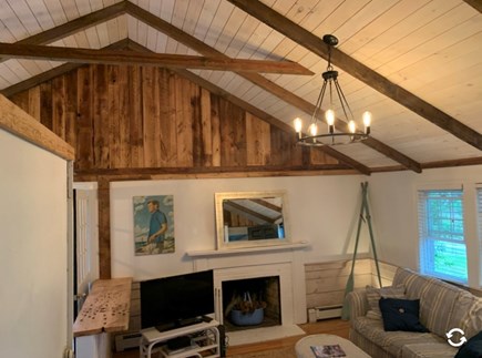 Harwich Port Cape Cod vacation rental - Living Room with Rustic Barn Beams