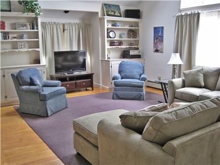 West Dennis Cape Cod vacation rental - Family Room with vaulted ceiling, fireplace, 50'' HDTV & Stereo