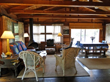 Wellfleet Cape Cod vacation rental - Lofted, open living room with TV and sliders to deck