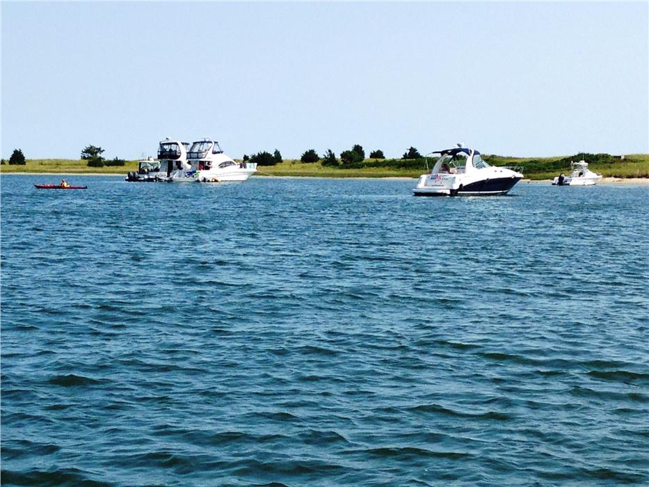 Boats anchored off Sampson's Island, most of which is marked off as a bird sanctuary.