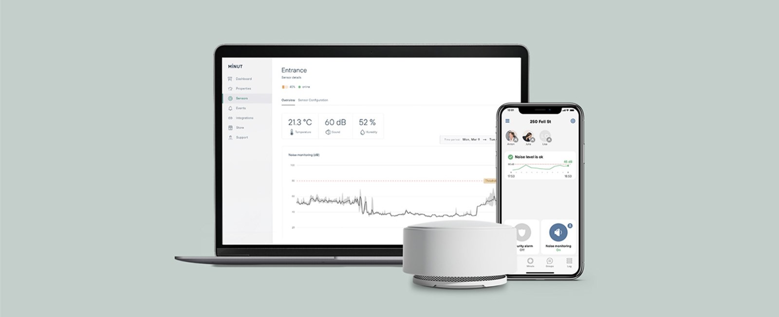 Minut's device allows you to monitor the temperature/humidity/sound level/motion in your vacation rental home when you're not there.