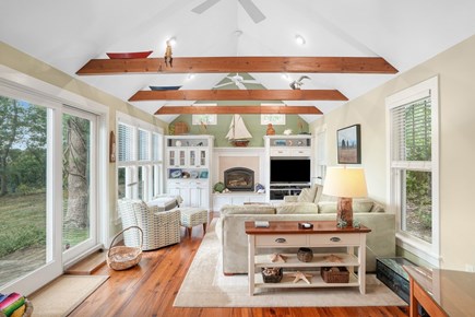 Edgartown Martha's Vineyard vacation rental - The Great Room has full water views, fireplace, and Smart TV.