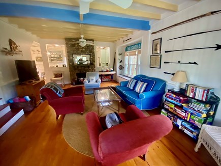 Oak Bluffs, Copeland Historic  Martha's Vineyard vacation rental - Living room with beach stone fire place and flatscreen tv