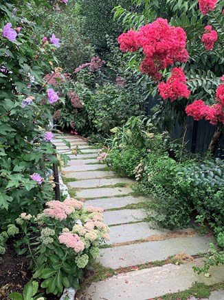 In town Edgartown village Martha's Vineyard vacation rental - Garden path leads to terrace from front of house