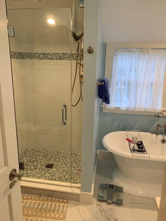 In town Edgartown village Martha's Vineyard vacation rental - Master bath has double sink, steam shower and soaking tub