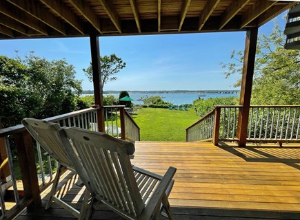 Oak Bluffs, Lagoon Pond Salt-Waterfront Martha's Vineyard vacation rental - Entry level sitting area on back covered deck