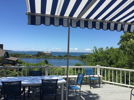 Oak Bluffs - East Chop Martha's Vineyard vacation rental - LR View: Deck w/ Awning, Vineyard Sound & Crystal Lake