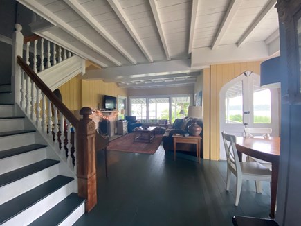Oak Bluffs Martha's Vineyard vacation rental - Stairs and living room; all original rafters/beaded board walls