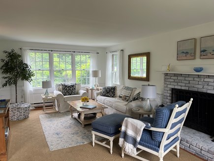 Edgartown Martha's Vineyard vacation rental - Sunny yet cozy living room with fireplace and flat screen TV.
