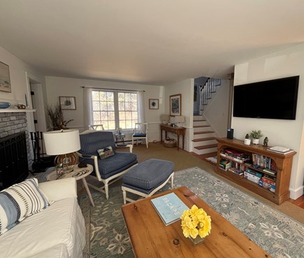 Edgartown Martha's Vineyard vacation rental - Living room showing wide staircase to upstairs bedrooms