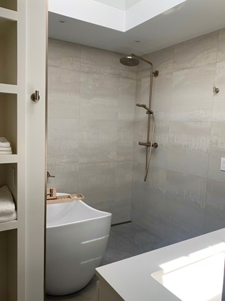 Edgartown, Ocean Heights Martha's Vineyard vacation rental - A relaxing primary bathroom with plenty of shelves & towel bars!
