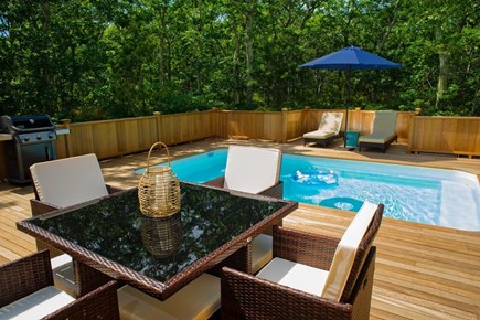 Edgartown Martha's Vineyard vacation rental - View of the pool deck to the woods behind the house.