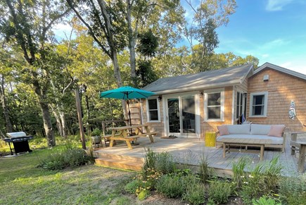 Vineyard Haven, West Chop Martha's Vineyard vacation rental - Deck has seating area and picnic table. BBQ on the lawn.
