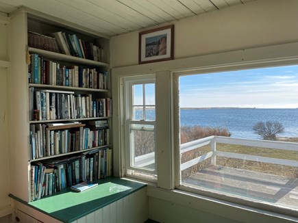Chilmark, The Camp // Gadget Martha's Vineyard vacation rental - Window nook seating area. Perfect for summer reading and games!
