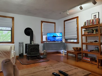 West Tisbury Martha's Vineyard vacation rental - Living room w/ wood burning stove cable tv/ high speed internet