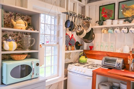 Chilmark, Guest Cottage Martha's Vineyard vacation rental - Kitchen - stove, microwave, all clad cook ware, chickens adorn