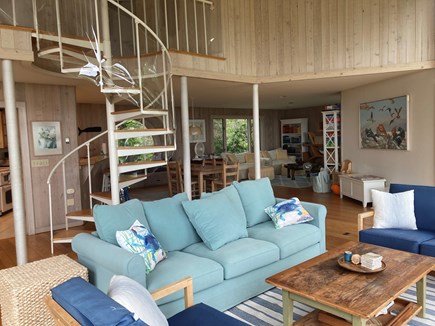 Chappaquiddick Martha's Vineyard vacation rental - Living Room with view of spiral staircase, dining, & family room.
