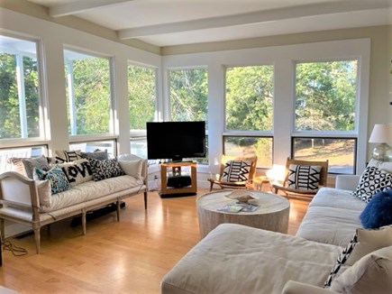 Oak Bluffs Martha's Vineyard vacation rental - Living room w/big windows, vaulted ceiling