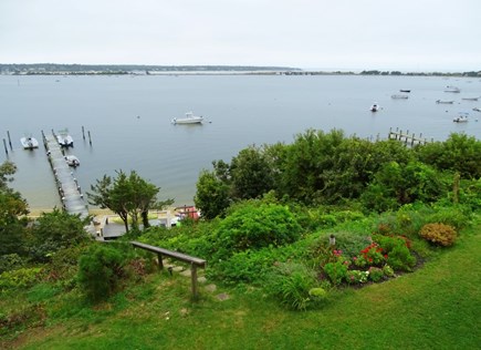 Oak Bluffs, On Lagoon Pond Martha's Vineyard vacation rental - View  of beach, dock and lagoon from deck
