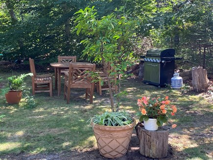 Oak Bluffs Martha's Vineyard vacation rental - Outdoor teak dining set and grill surrounded by perennial gardens