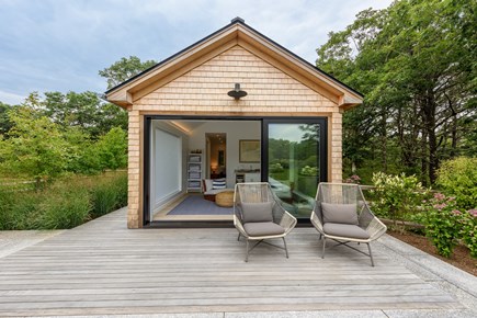 West Tisbury Martha's Vineyard vacation rental - Pool House- has lounge area, full bath, and living area with tv.