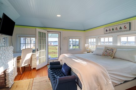 Edgartown Village Martha's Vineyard vacation rental - Guest House King Bedroom and Fireplace with Ocean View