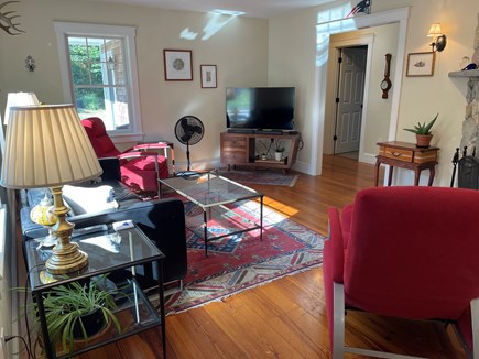 Chilmark Martha's Vineyard vacation rental - Living room with 52 inch smart tv and 8 foot stone fireplace