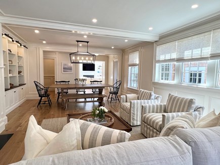 Edgartown Village Martha's Vineyard vacation rental - Living room with fireplace and open concept dining area