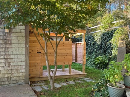Vineyard Haven Martha's Vineyard vacation rental - Outdoor shower with view to the water has stained glass artwork