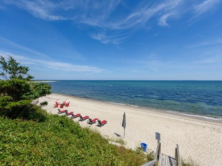 Oak Bluffs, Harthaven Waterfront Property Martha's Vineyard vacation rental - 150 feet of sandy beach with lounge chairs and umbrellas