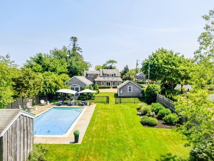 Edgartown Martha's Vineyard vacation rental - Aerial view of pool area and grassy fenced yard