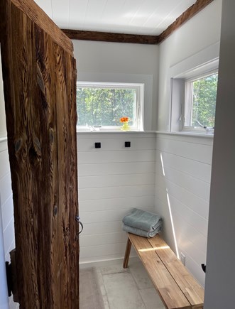 Edgartown Martha's Vineyard vacation rental - New shower with hand crafted door that is made from mushroom wood
