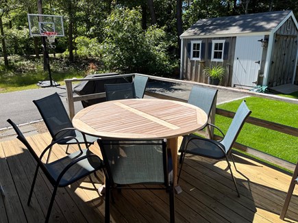 Oak Bluffs Martha's Vineyard vacation rental - Back deck, table and chairs, grassy back yard, basketball net