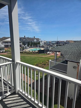 Edgartown Martha's Vineyard vacation rental - View from room balcony of pool, gardens, harbor, & Chappy Ferry