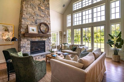 Katama-Edgartown Martha's Vineyard vacation rental - Living Room has Vaulted Ceilings, a Two Story Wall of Windows and