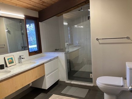 West Tisbury Martha's Vineyard vacation rental - Master Bathroom vanity, tiled shower