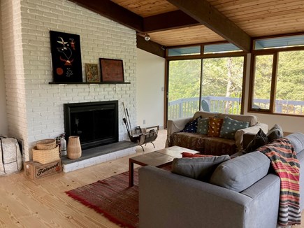 West Tisbury Martha's Vineyard vacation rental - Living Room w Woodburning Fireplace/Sliding Doors to deck