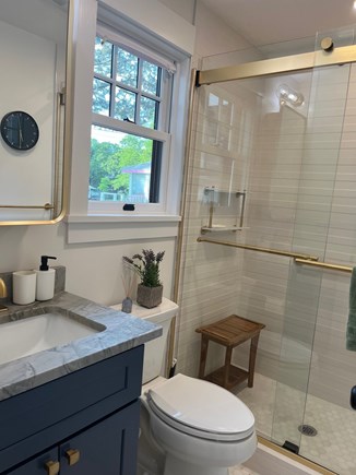 Oak Bluffs, Heritage Haven Martha's Vineyard vacation rental - Bathroom1: First floor ensuite with shower & grab bars