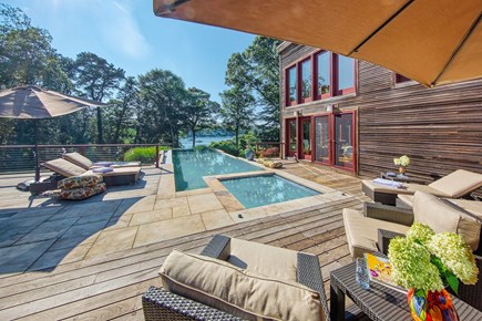 Oak Bluffs Martha's Vineyard vacation rental - Outdoor Pool area with infinity pool, hot tub overlooking water