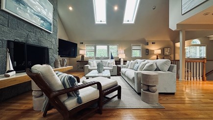 Oak Bluffs, Martha's Vineyard Martha's Vineyard vacation rental - Living room with a vaulted ceiling & large stone fireplace