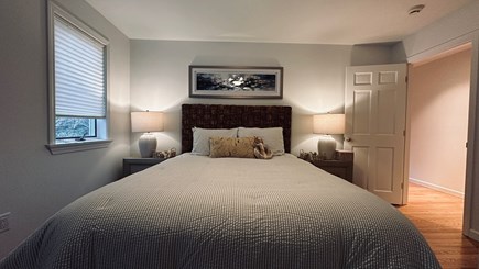 Oak Bluffs, Martha's Vineyard Martha's Vineyard vacation rental - Queen bedroom with dark woven headboard & striped bedding